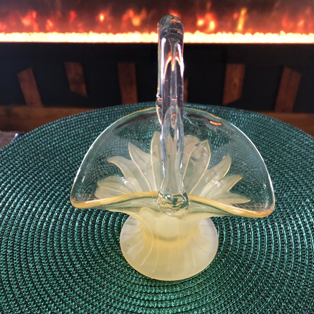 Clear glass & yellow satin flower basket Viking art glass